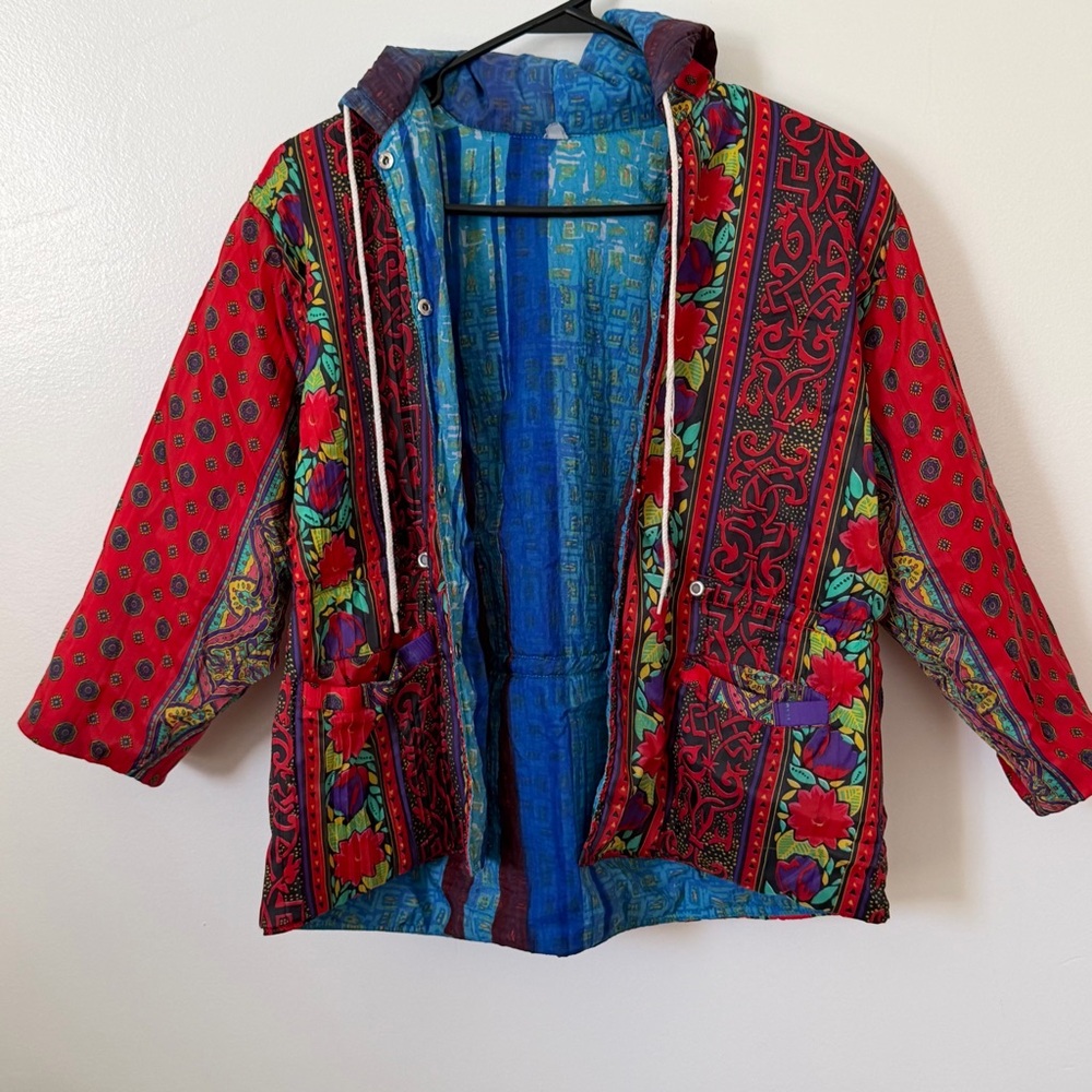 Vintage Reversible Patchwork Hooded Jacket Boho Multicolor Small Medium